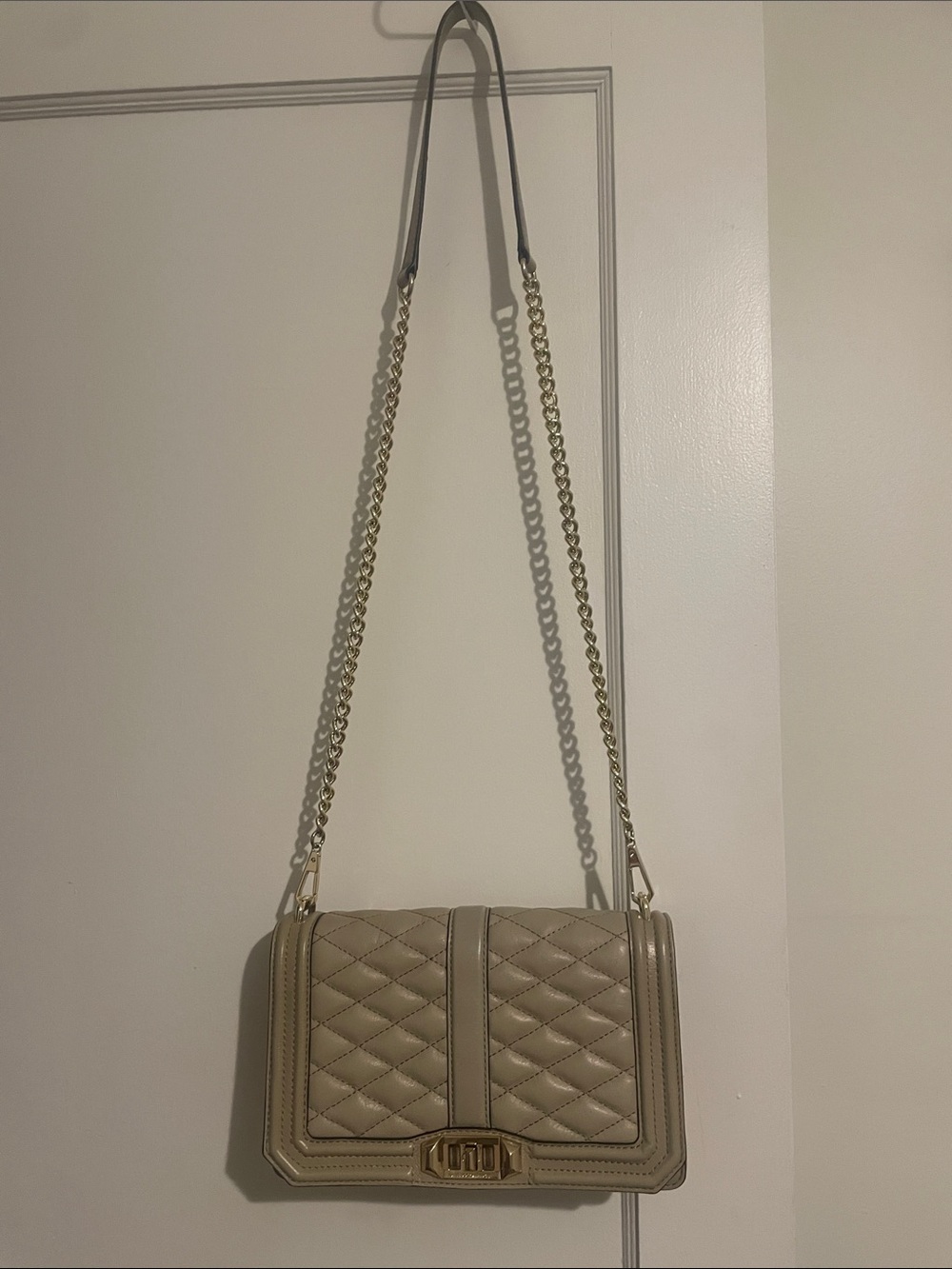 Rebecca Minkoff Beige Quilted Crossbody with Gold Chain Strap